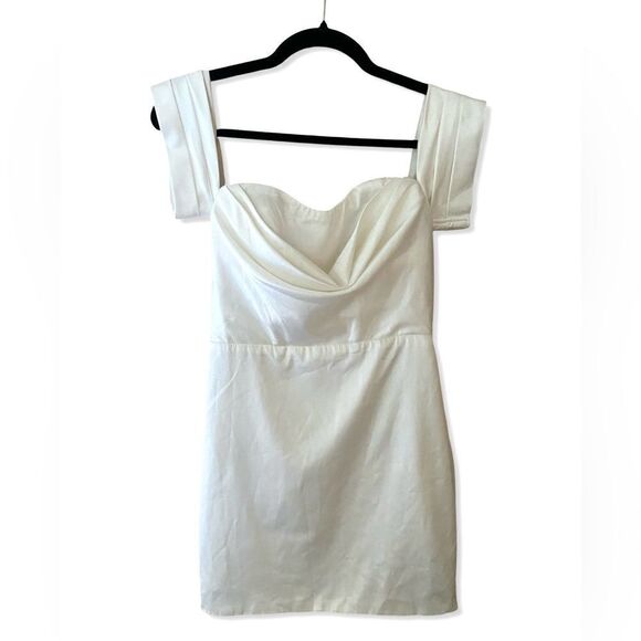 More To Come Bella Mini Dress white off shoulder satin party cocktail Revolve - Picture 8 of 9